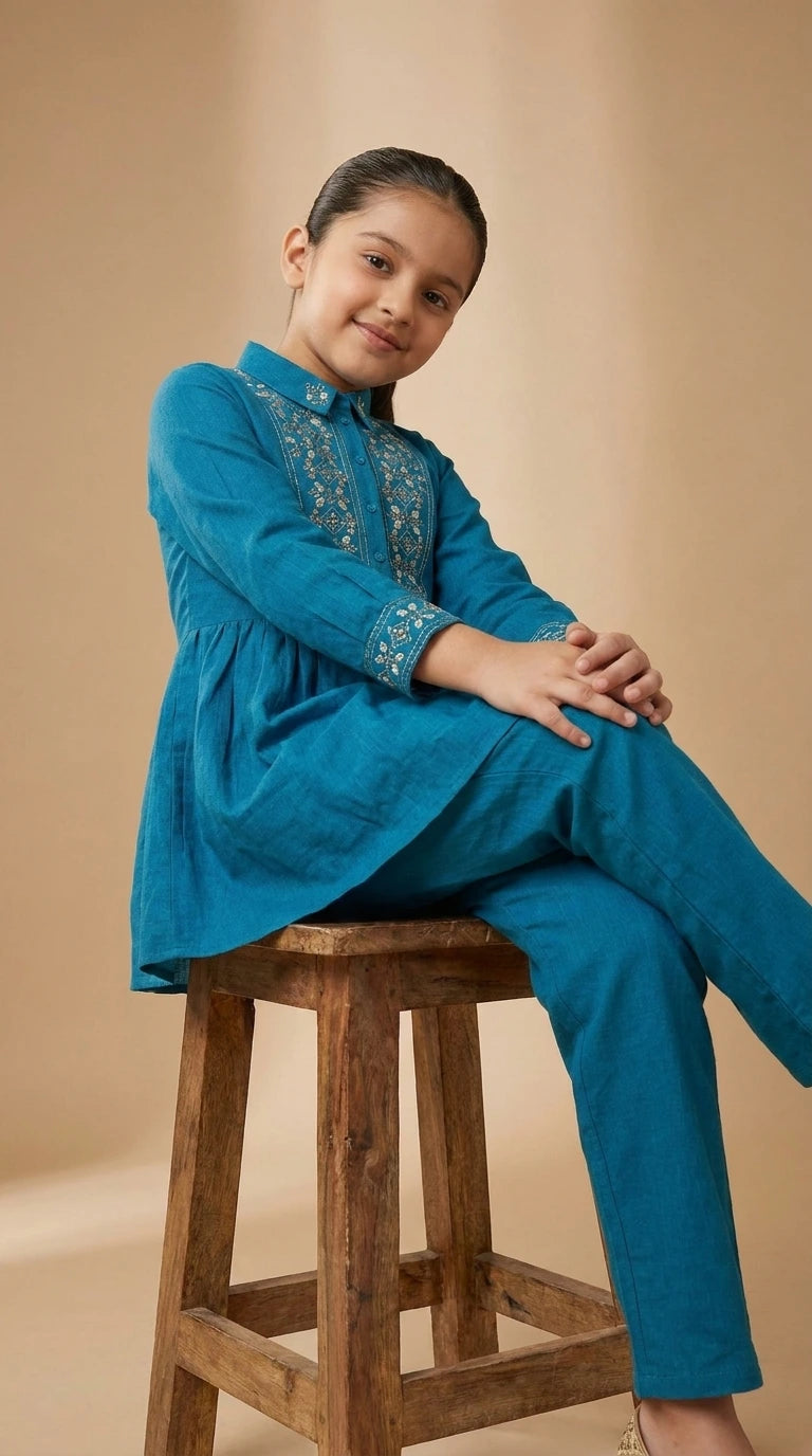 Ocean Bloom Girls Embroidered Peplum Co-Ord Set