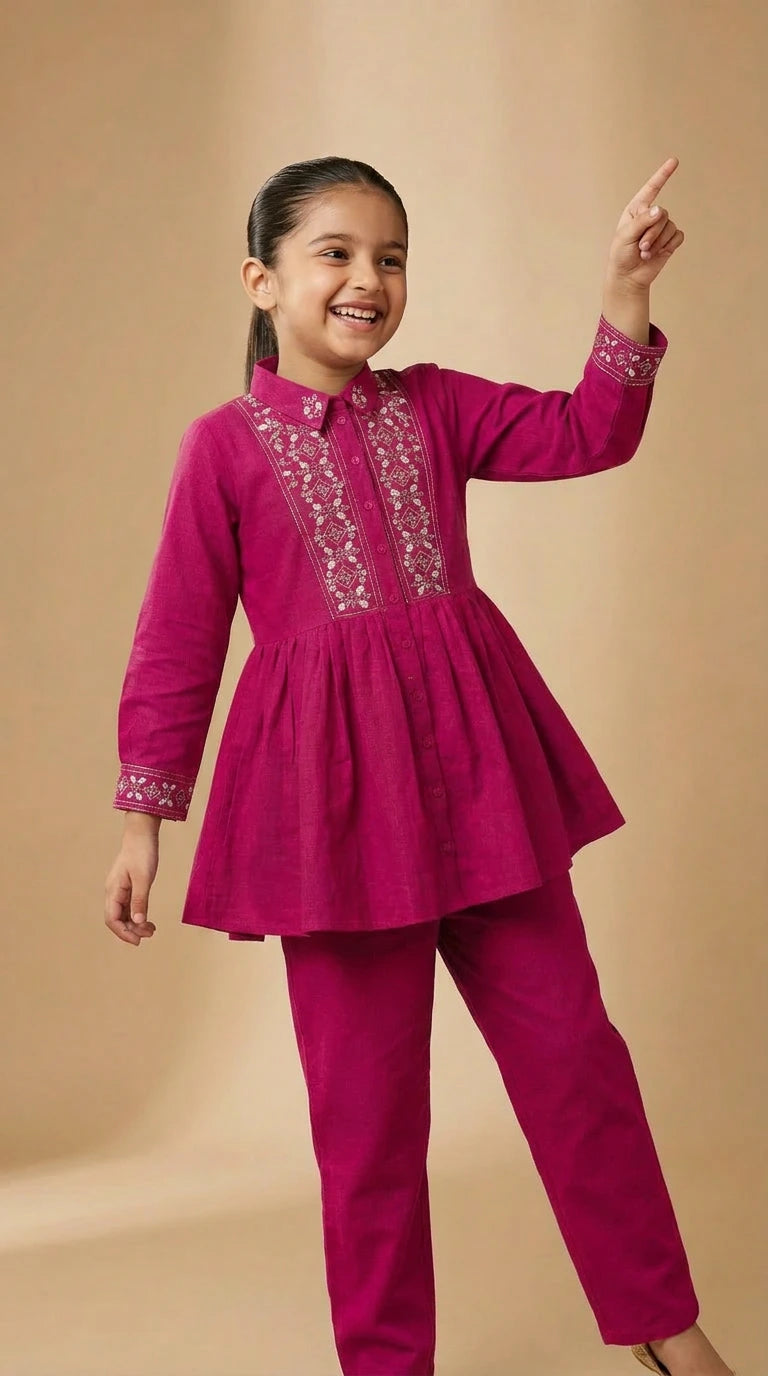 Ruby Radiance Girls Embroidered Peplum Co-Ord Set