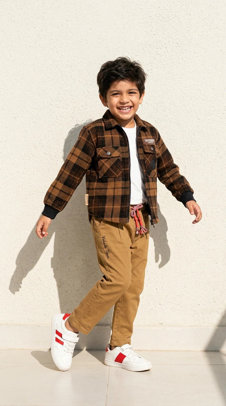 Brown Plaid Jacket & Khaki Pants Set