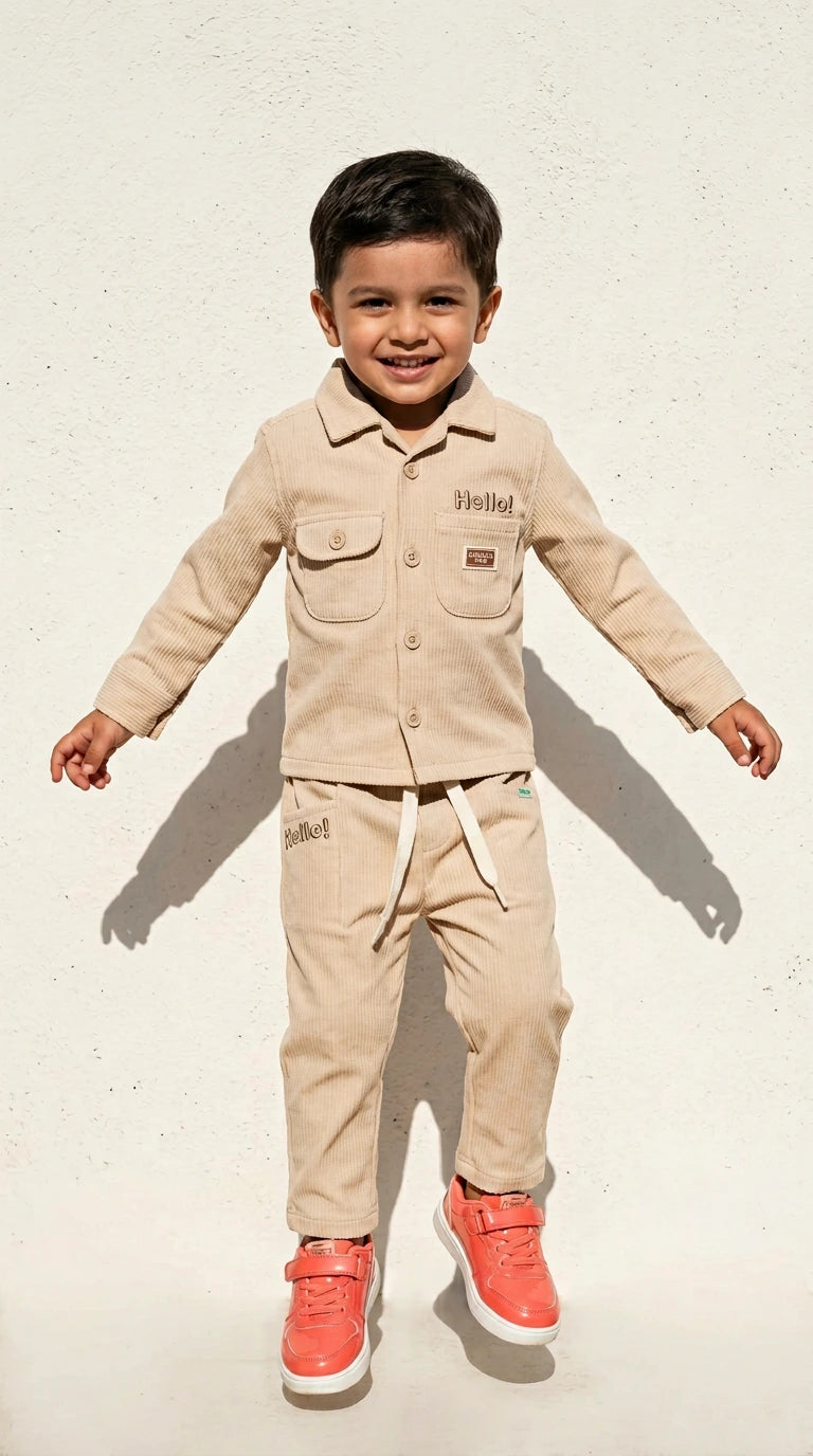 Beige Ribbed Shirt & Pants Set