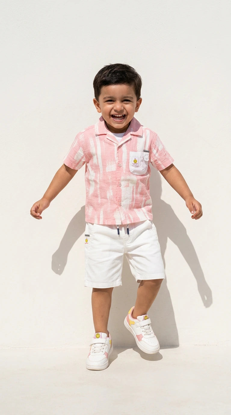 Pink Stripe Shirt & White Shorts Set