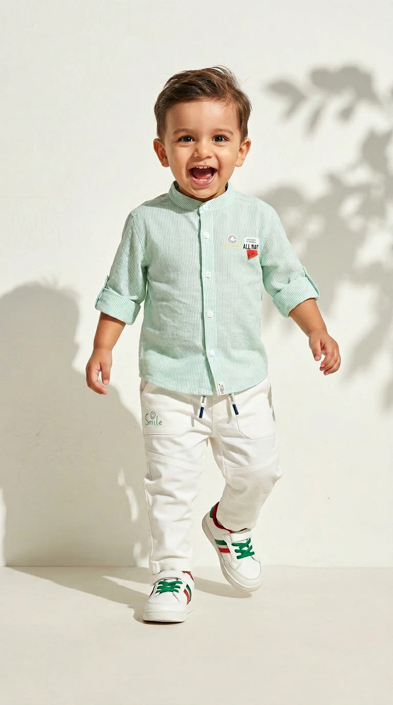 Mint Shirt & White Cargo Pants Set
