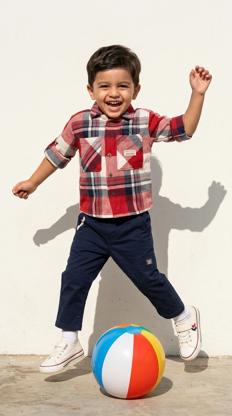 Plaid Shirt & Navy Trousers Set
