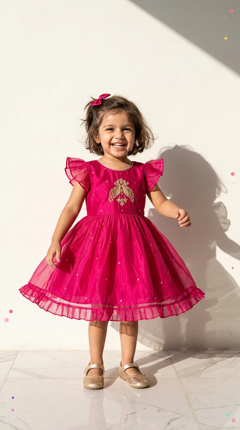 Fuchsia Bloom Embroidered Party Dress