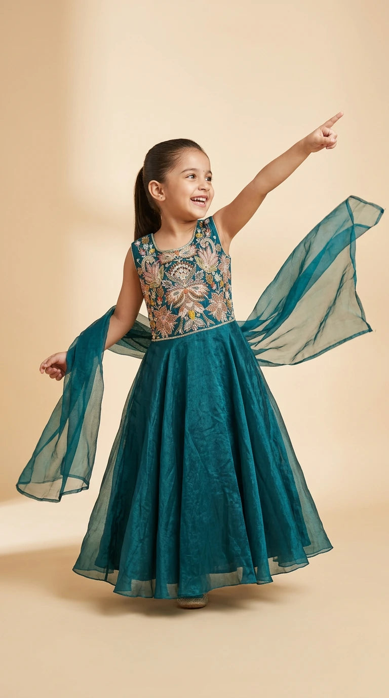Emerald Grace Girls Embroidered Anarkali Dress with Dupatta