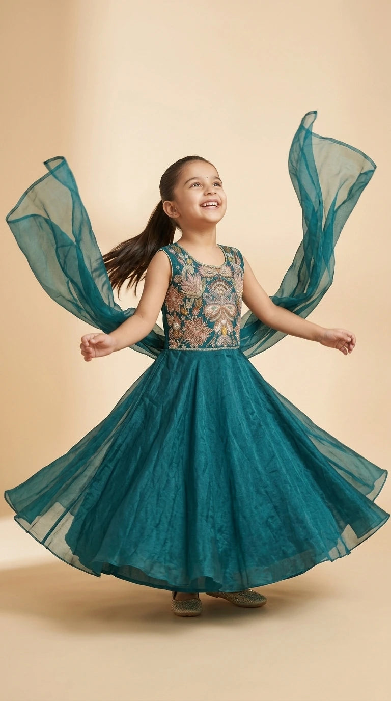 Emerald Grace Girls Embroidered Anarkali Dress with Dupatta