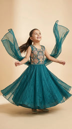 Emerald Grace Girls Embroidered Anarkali Dress with Dupatta