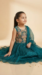 Emerald Grace Girls Embroidered Anarkali Dress with Dupatta