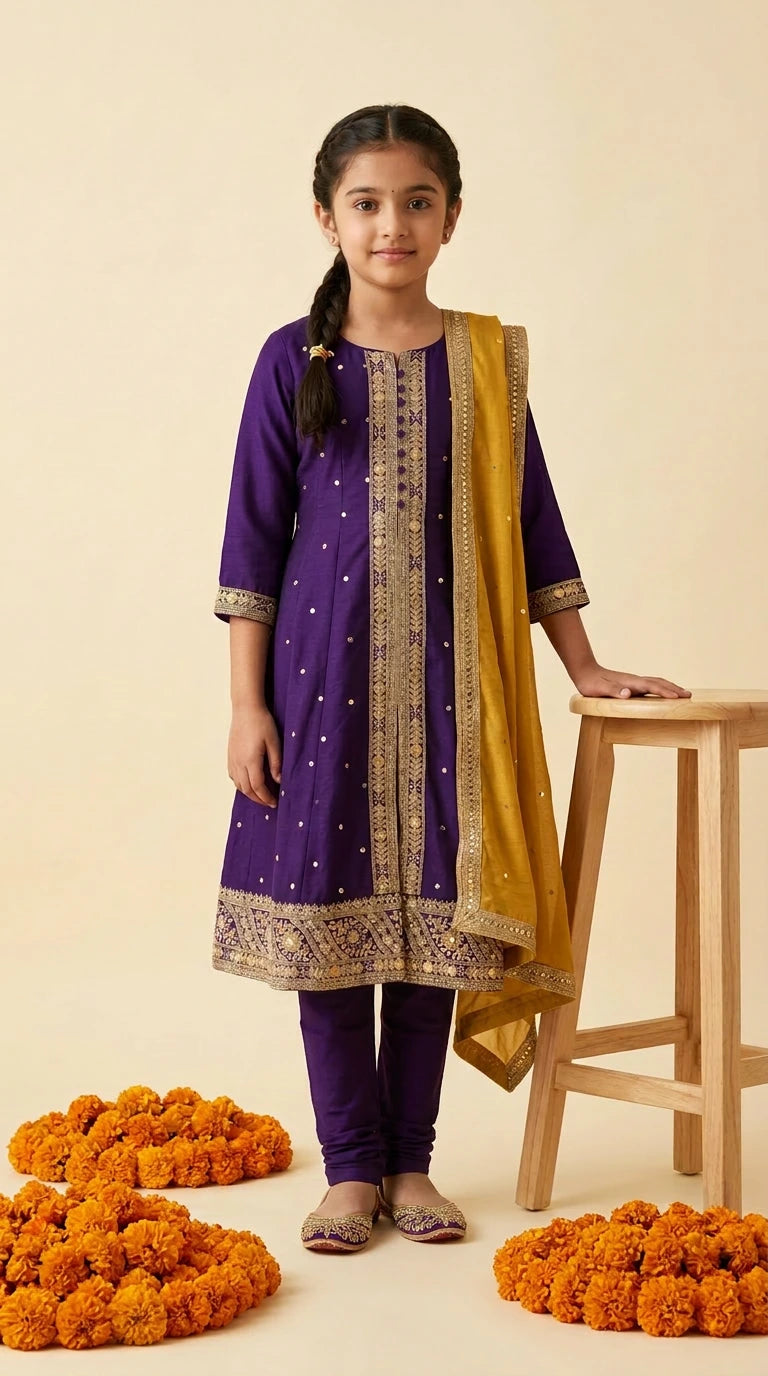 Royal Purple & Mustard Embroidered Suit Set