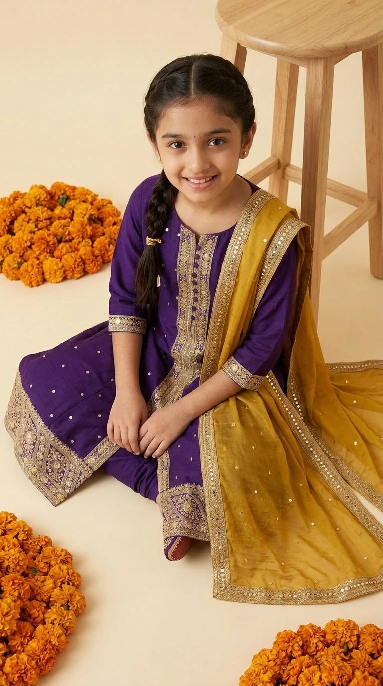 Royal Purple & Mustard Embroidered Suit Set