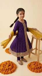Royal Purple & Mustard Embroidered Suit Set