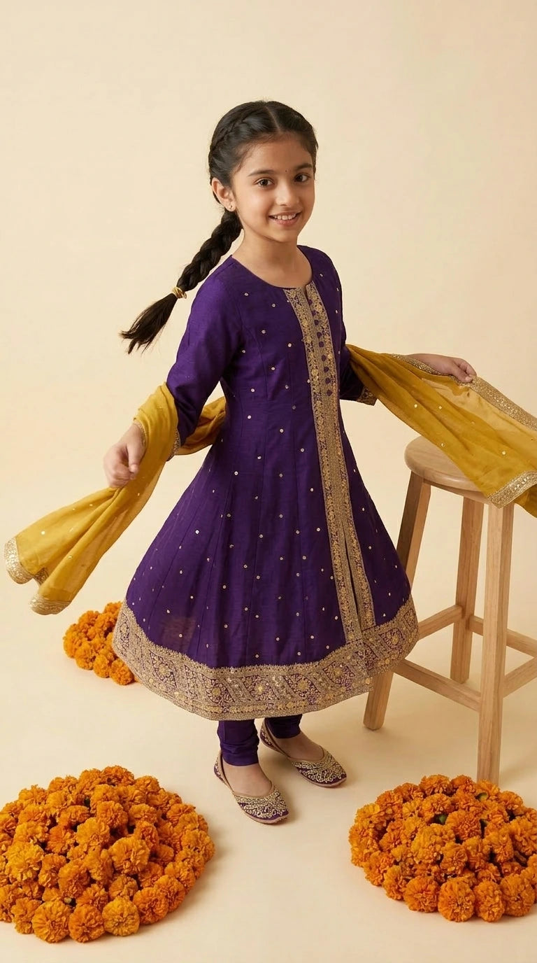 Royal Purple & Mustard Embroidered Suit Set