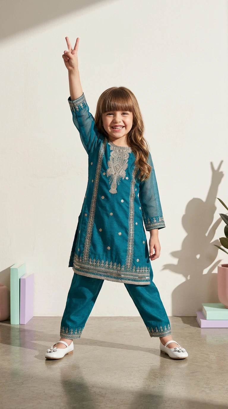 Teal Blue Embroidered Ethnic Suit Set