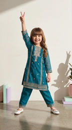 Teal Blue Embroidered Ethnic Suit Set