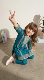 Teal Blue Embroidered Ethnic Suit Set