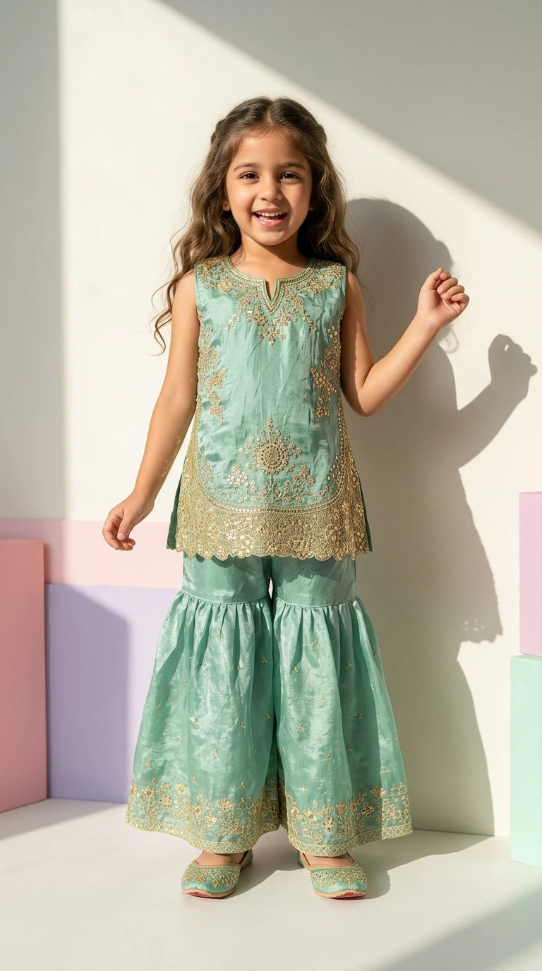 Mint Elegance Embroidered Sharara Set
