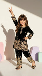 Midnight Bloom Girls Embroidered Velvet Co-Ord Set