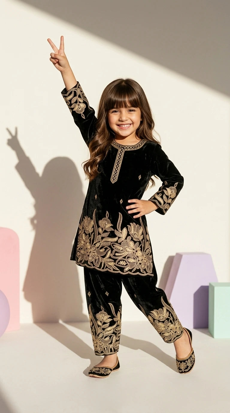 Midnight Bloom Girls Embroidered Velvet Co-Ord Set
