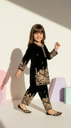 Midnight Bloom Girls Embroidered Velvet Co-Ord Set