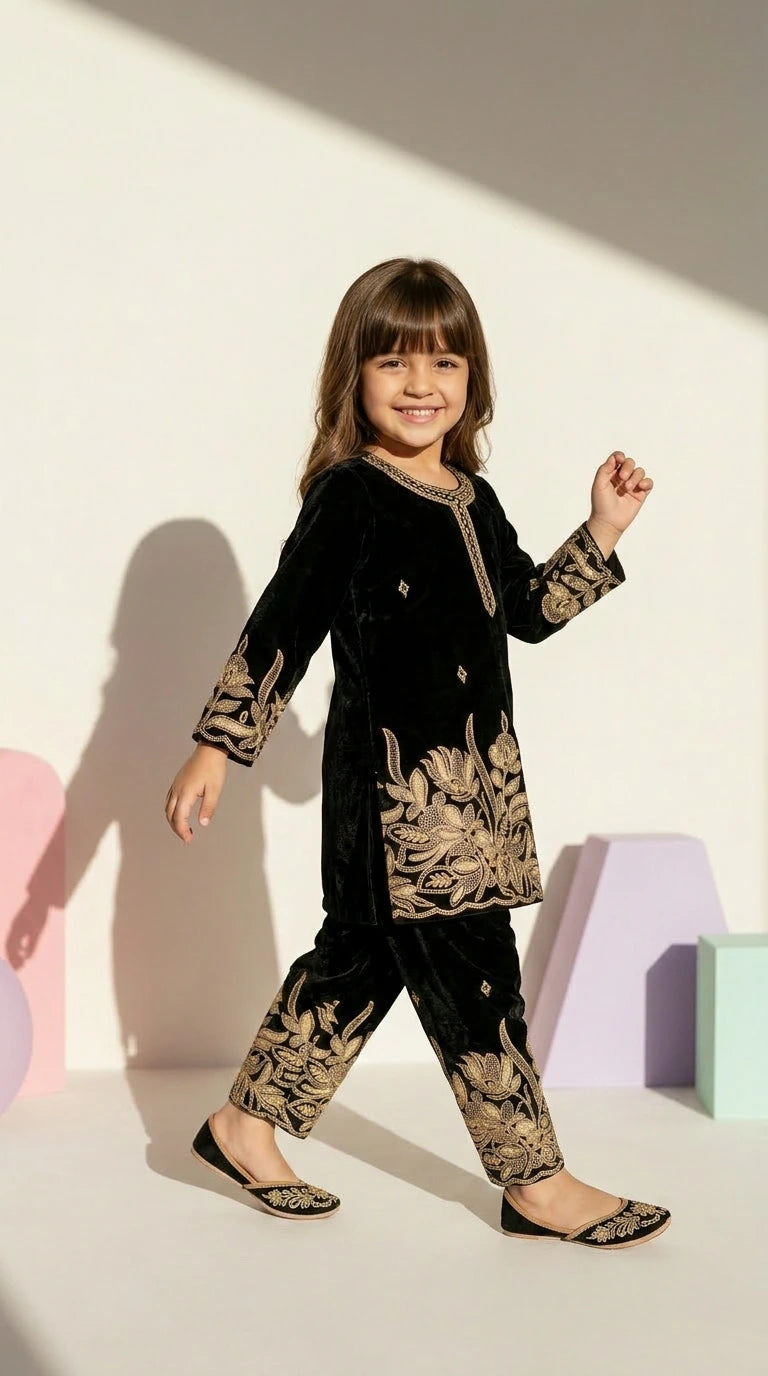 Midnight Bloom Girls Embroidered Velvet Co-Ord Set