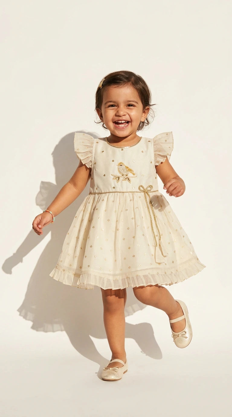Ivory Bird Embroidered Occasion Dress