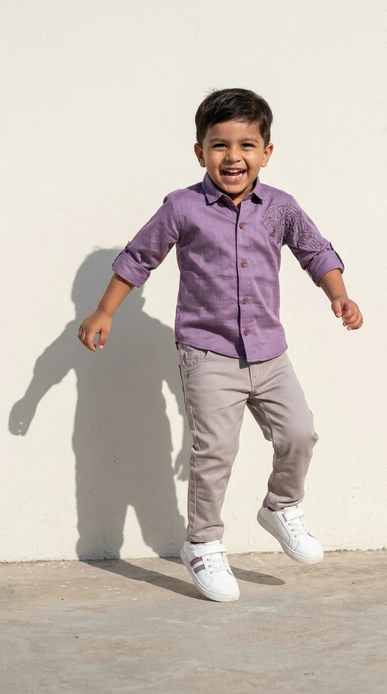 Lavender Panther Appliqué Shirt with Grey Trousers Set