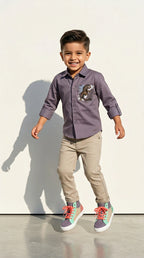 Mauve Tiger Patch Shirt with Beige Trousers Set