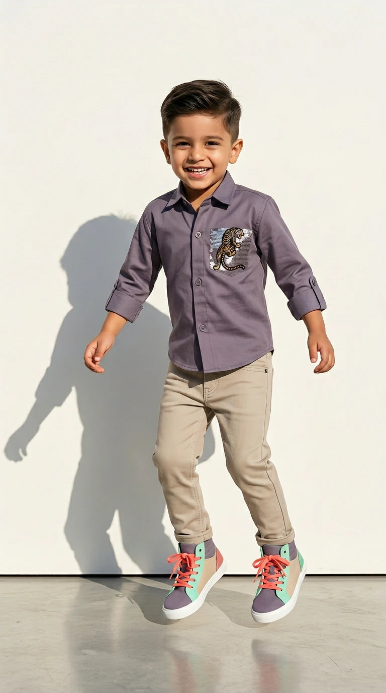 Mauve Tiger Patch Shirt with Beige Trousers Set