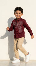 Maroon Eagle Embellished Shirt with Beige Trousers Set