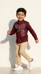 Maroon Eagle Embellished Shirt with Beige Trousers Set