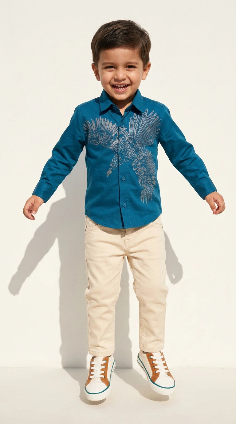 Teal Eagle Embellished Shirt with Cream Trousers Set