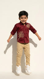 Maroon Palm Embroidered Shirt with Khaki Trousers Set