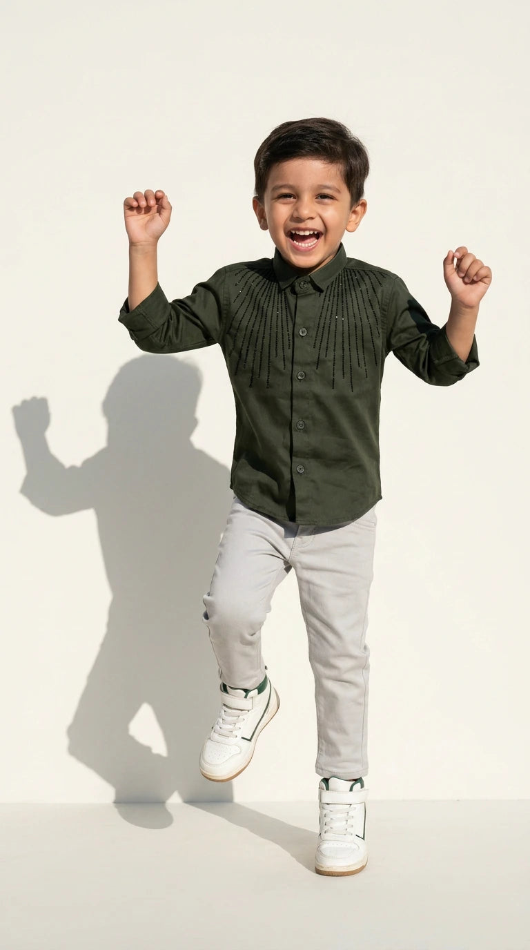 Olive Embellished Party Shirt with Grey Trousers Set