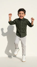 Olive Embellished Party Shirt with Grey Trousers Set