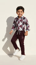 Abstract Print Shirt with Maroon Jogger Pants Set