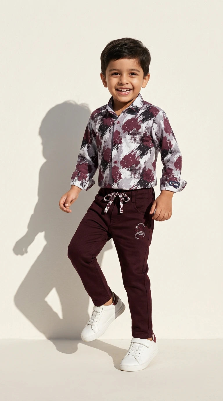 Abstract Print Shirt with Maroon Jogger Pants Set