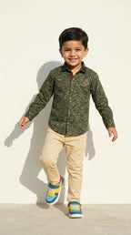 Geometric Print Olive Shirt with Beige Trousers Set