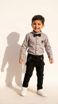 Classic Grey Bow Shirt with Black Suspender Jeans Set