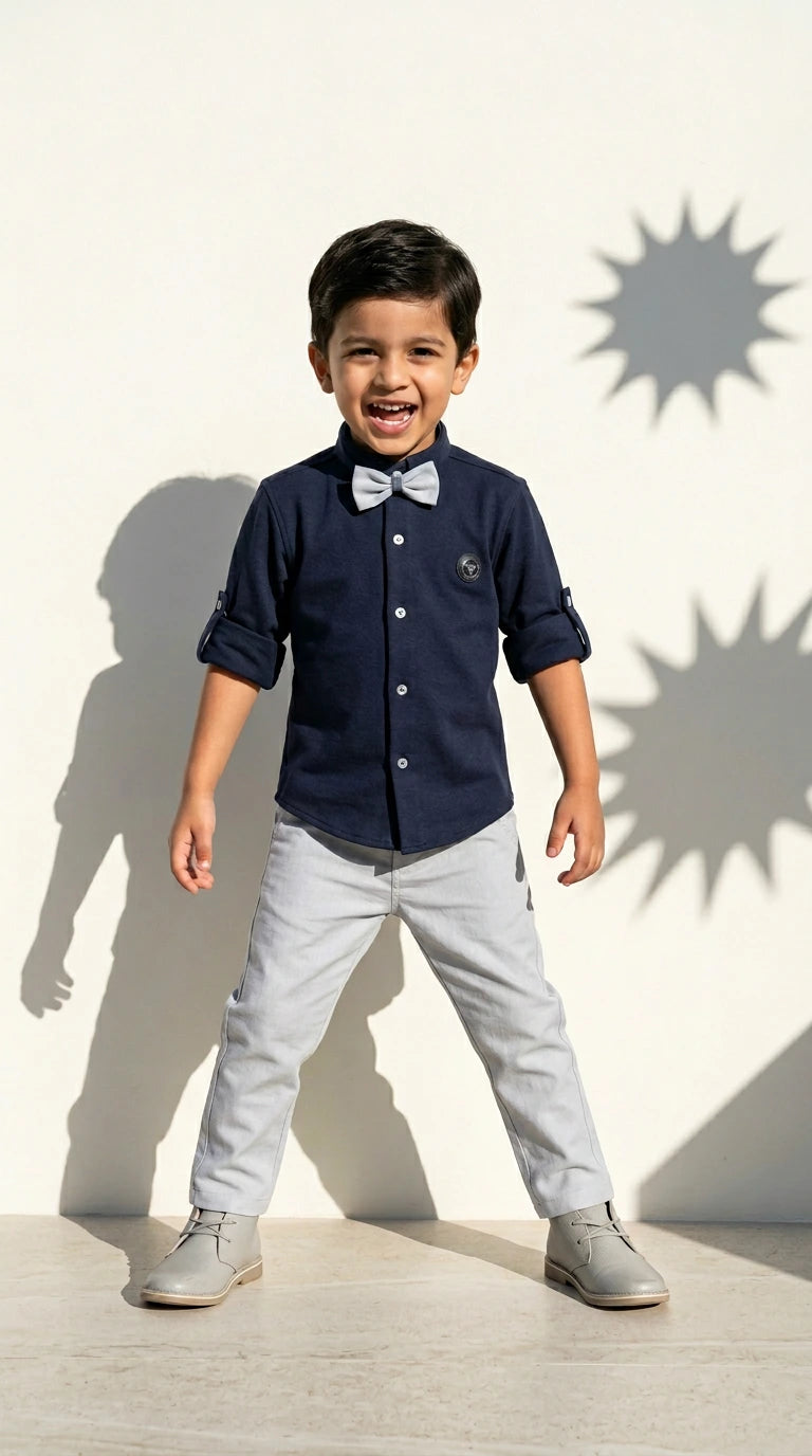 Navy Bow Shirt with Grey Trousers Set