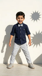 Navy Bow Shirt with Grey Trousers Set