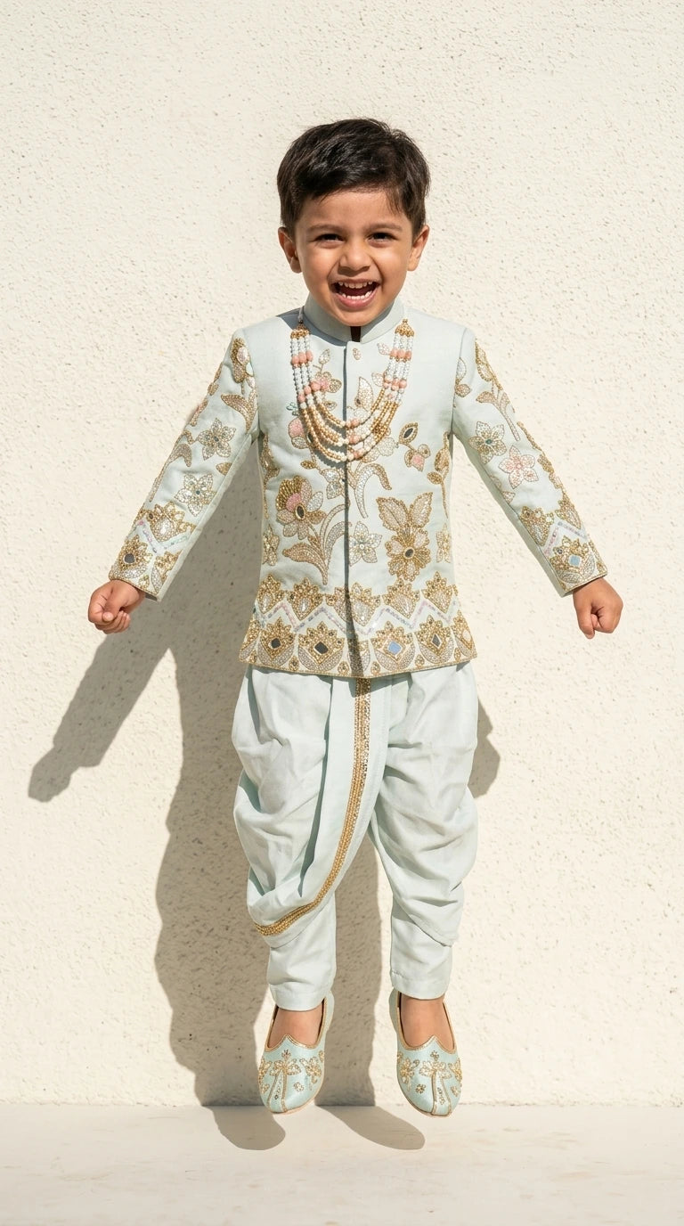 Powder Blue Floral Embroidered Indo-Western Dhoti Set