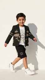 Black Graphic Blazer Short Set