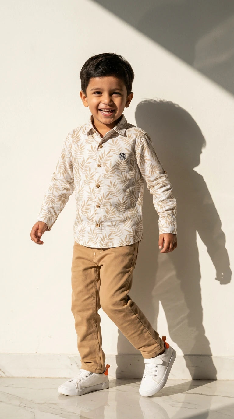 Beige Leaf Print Shirt Set