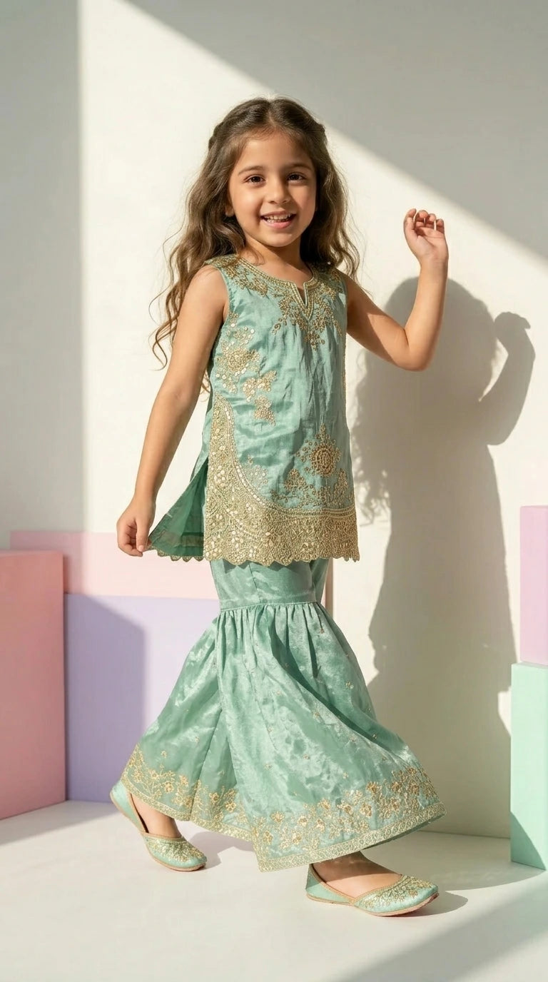 Mint Elegance Embroidered Sharara Set