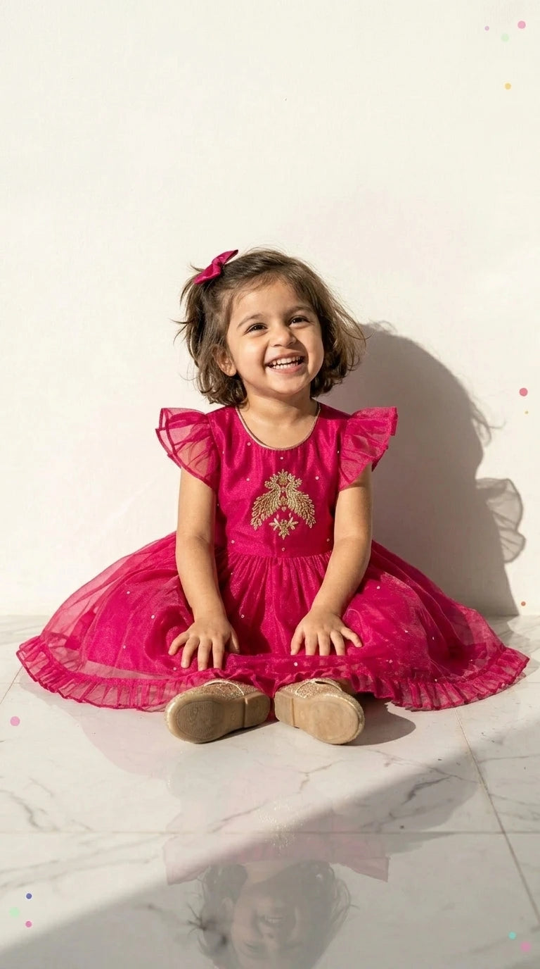 Fuchsia Bloom Embroidered Party Dress