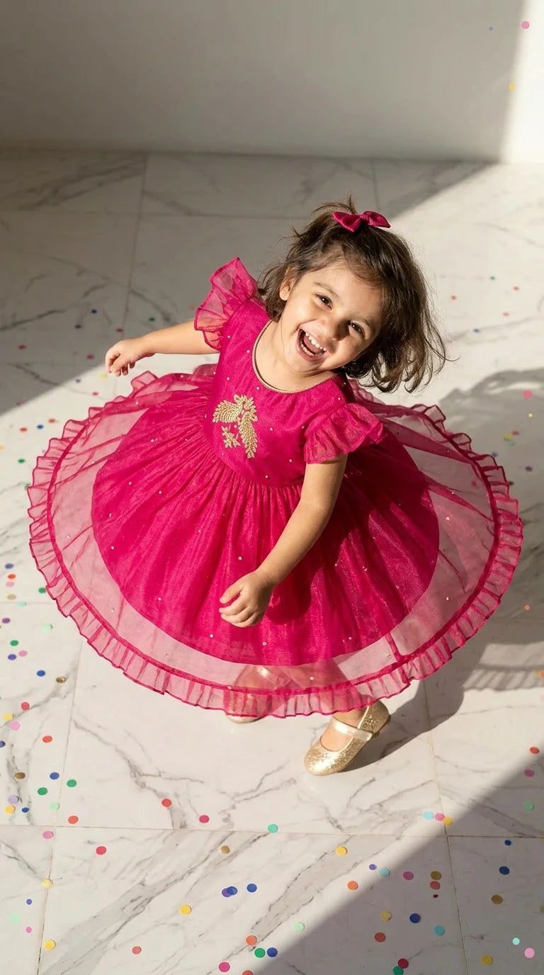 Fuchsia Bloom Embroidered Party Dress