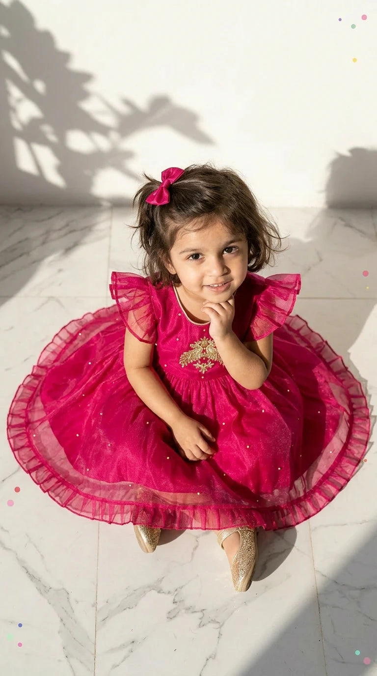 Fuchsia Bloom Embroidered Party Dress