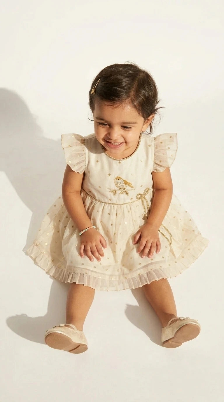 Ivory Bird Embroidered Occasion Dress