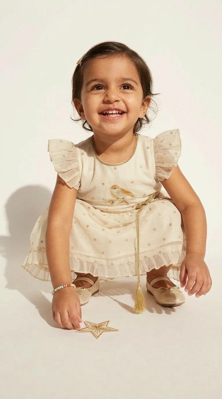 Ivory Bird Embroidered Occasion Dress