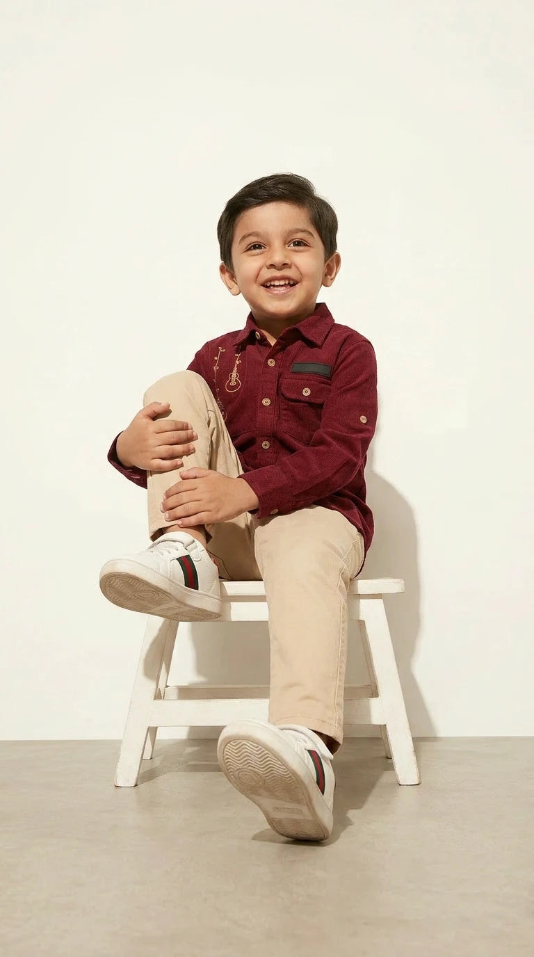 Maroon Musical Embroidered Shirt & Trouser Set